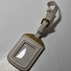 PRADA Light Gray Pebbled Leather Luggage Tag Bag Charm Gold Tone Hardware 2.75"